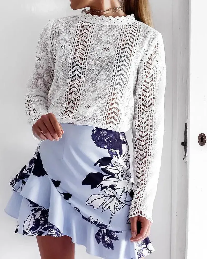 Xieyinshe - Hollow Out Floral Lace Long Sleeve Top