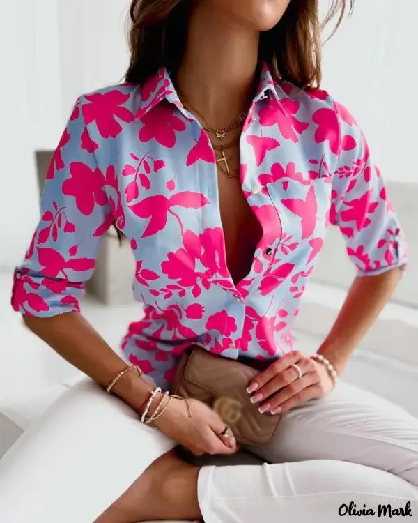 Xieyinshe - Plant Print Long Sleeve Button Down Shirt